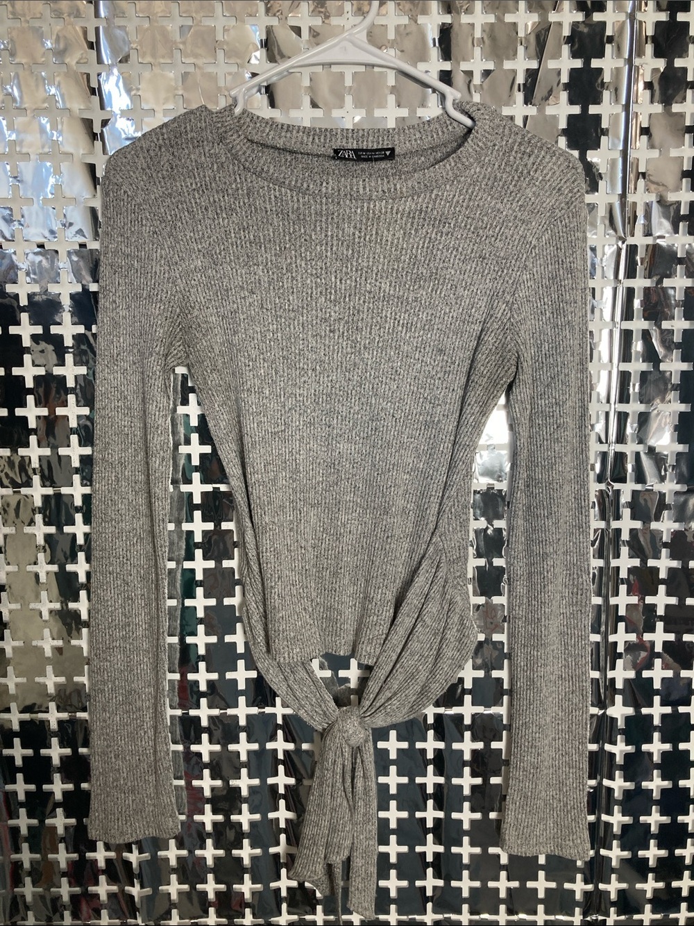 Zara Gray Ribbed Tie-Front Long Sleeve Top